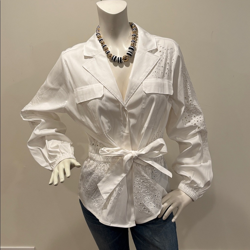 White House Black Market Tie-Waist Embroidered Poplin Shirt Size L - Picture 5 of 13
